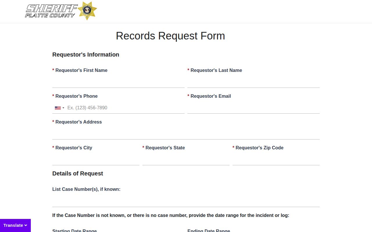 Platte County Detention Center release record request form