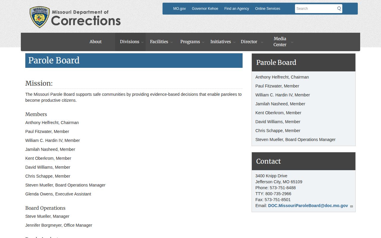Missouri Parole Board official information and contact page