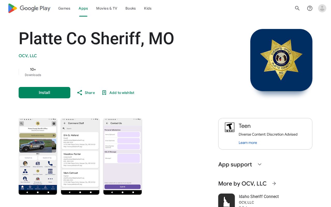 Platte County sheriff app listing with no 24-hour release feature advertised